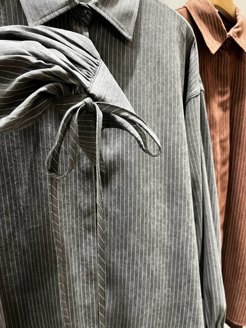 Inssense - Korean Women Fashion - #womensfashion - Peach Stripe Oversized Shirt - 12