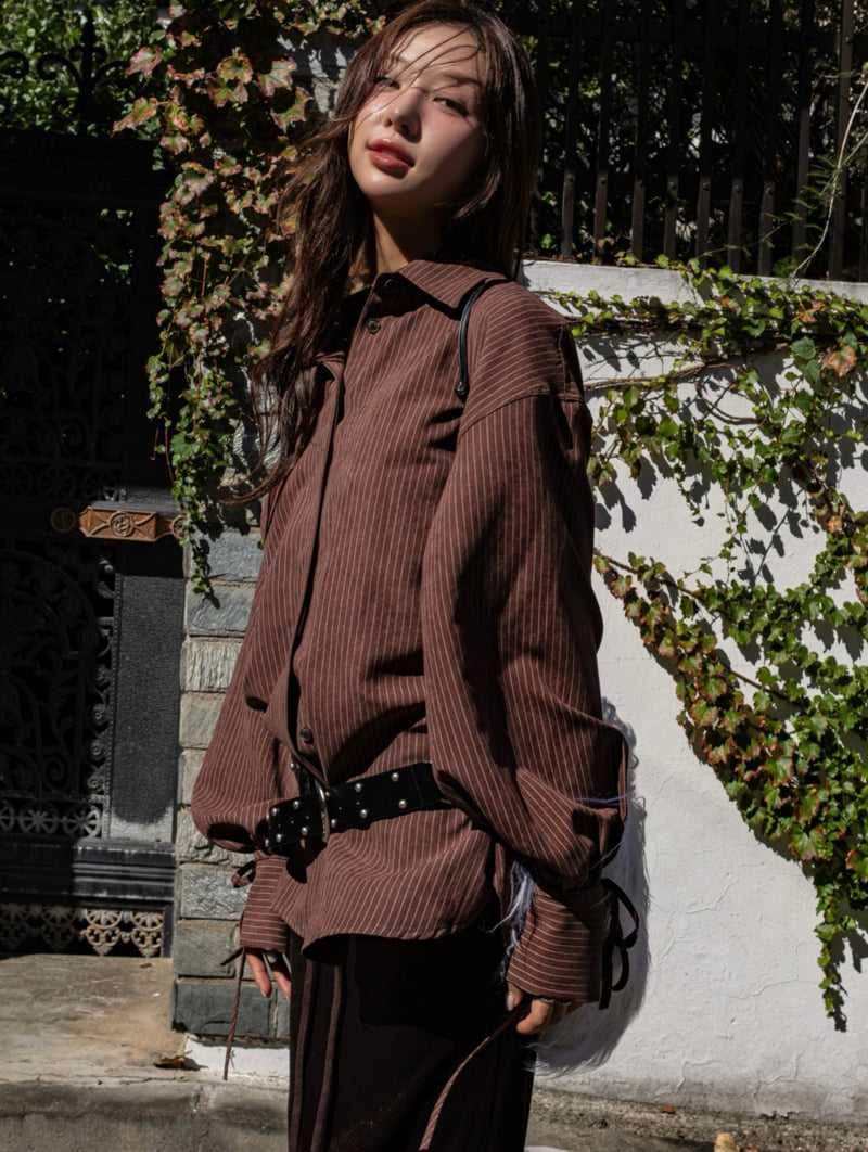 Inssense - Korean Women Fashion - #womensfashion - Peach Stripe Oversized Shirt - 6
