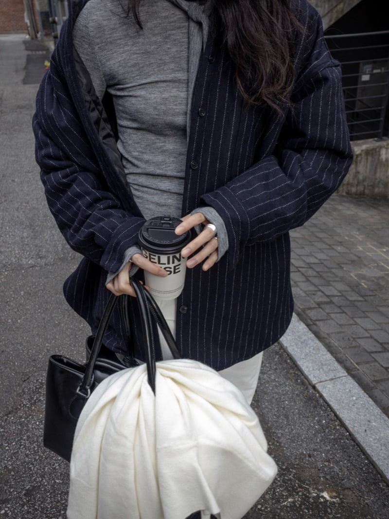Inssense - Korean Women Fashion - #womensfashion - Wool Stripe Quilted Oversized Shirt Jacket - 5