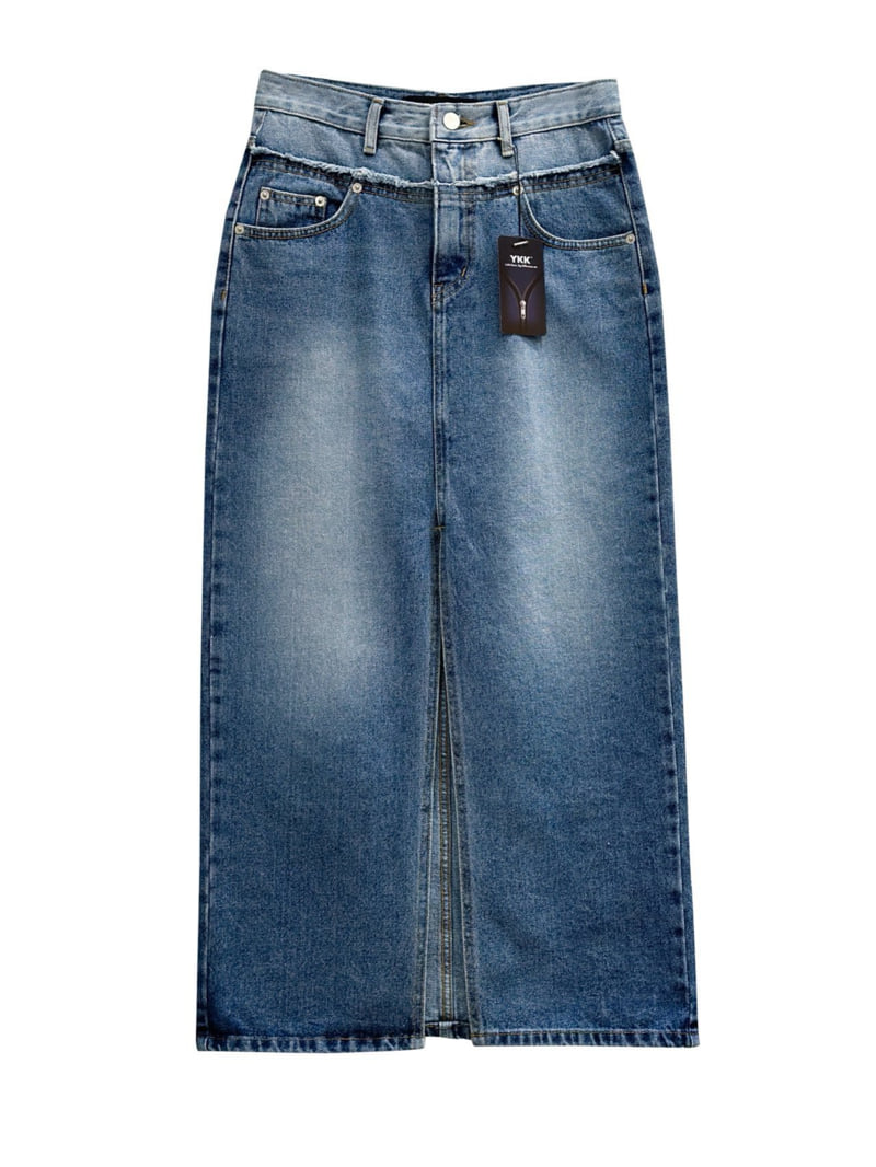 Inssense - Korean Women Fashion - #womensfashion - Two Tone Front Slit Maxi Denim Skirt - 10