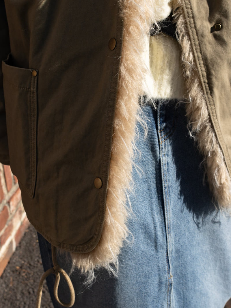 Inssense - Korean Women Fashion - #womensfashion - Shearling Collar Washed Military Jumper - 10