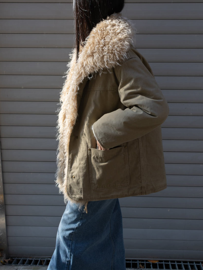 Inssense - Korean Women Fashion - #womensfashion - Shearling Collar Washed Military Jumper - 8