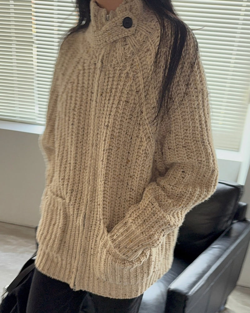 Jade Market - Korean Women Fashion - #momslook - Button Bijou Zip-up Cardigan