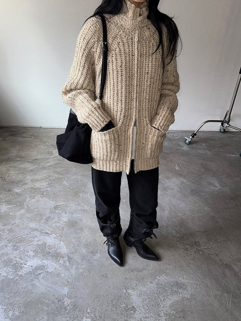 Jade Market - Korean Women Fashion - #momslook - Button Bijou Zip-up Cardigan - 4