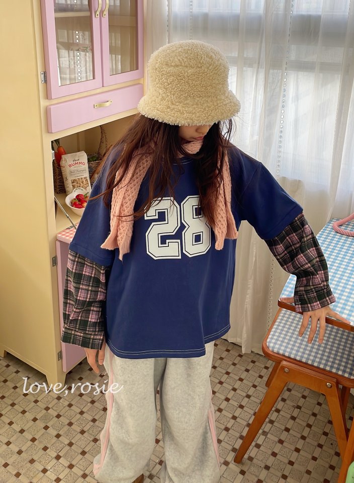 Love Rosie - Korean Children Fashion - #littlefashionista - Check Shirt Sleeve Number Tee