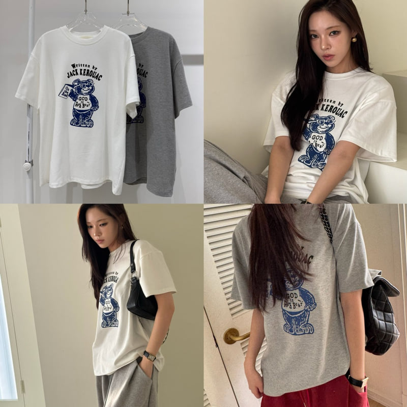 Neroli36 - Korean Women Fashion - #momslook - Bear Short Sleeve Tee - 4