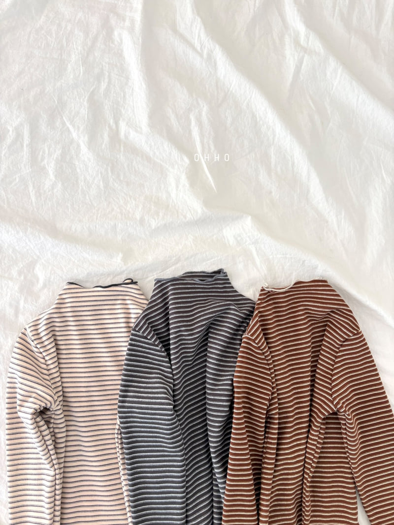 Ohho - Korean Children Fashion - #fashionkids - Caramel Stripe Mock Neck Tee - 6