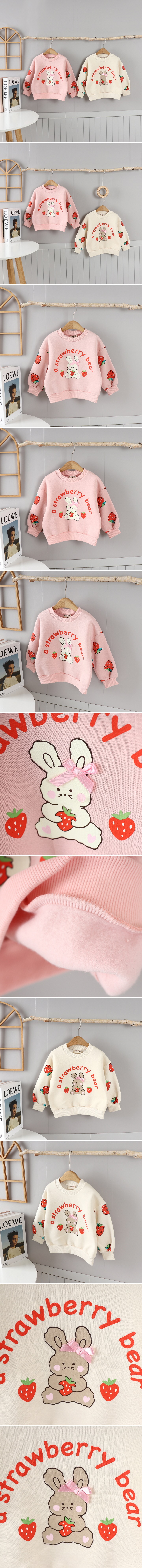 Olive denim - Korean Children Fashion - #kidsshorts - Fleece Strawberry Rabbit Tee