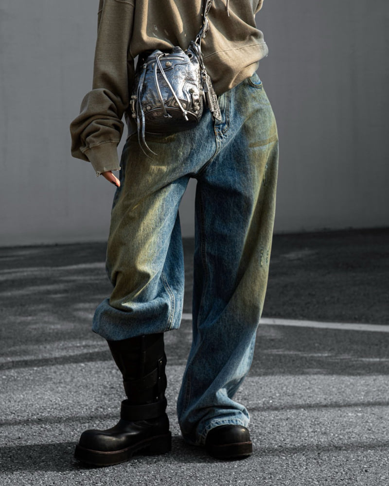 Paper Moon - Korean Women Fashion - #momslook - Dusty Mud Wide Denim