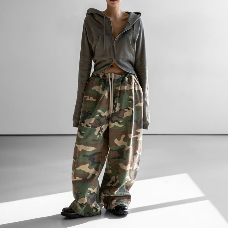 Paper Moon - Korean Women Fashion - #momslook - Camouflage Cotton Banded Maxi Wide Trousers - 2