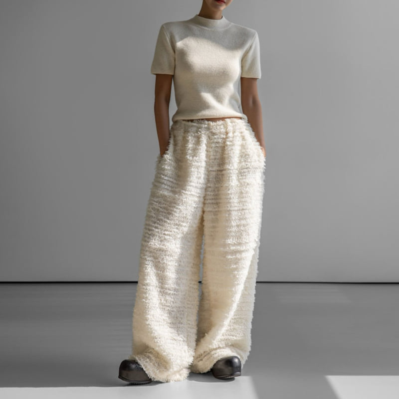 Paper Moon - Korean Women Fashion - #momslook - Luxe Feather Lace Detail Wide Trousers - 2