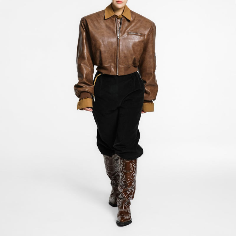 Paper Moon - Korean Women Fashion - #momslook - Vegan Cropped Pull Up Bomber Jacket