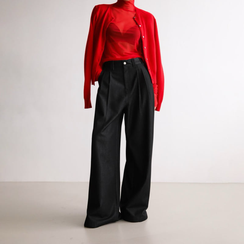Paper Moon - Korean Women Fashion - #womensfashion - Pleated Twill Denim Wide Trousers - 4