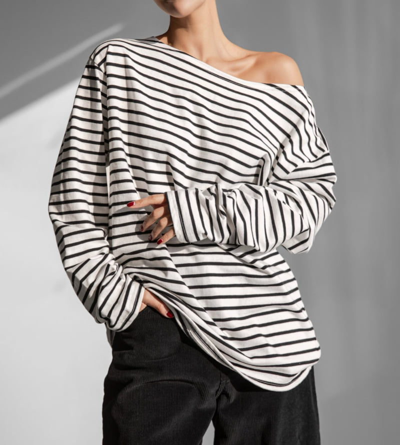 Paper Moon - Korean Women Fashion - #momslook - Boyfriend Fit Stripe Boat Neck Tee