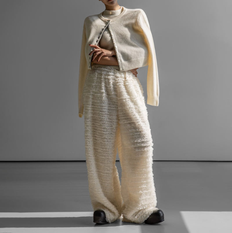 Paper Moon - Korean Women Fashion - #womensfashion - Luxe Feather Lace Detail Wide Trousers - 5
