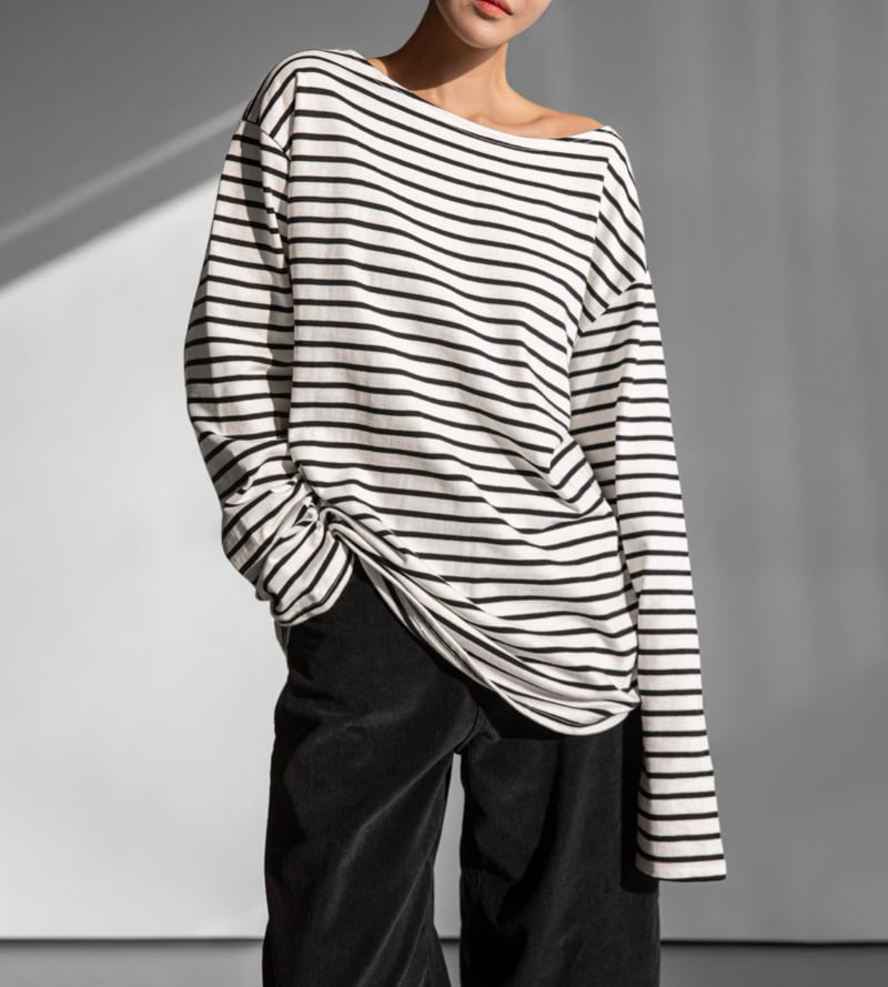 Paper Moon - Korean Women Fashion - #momslook - Boyfriend Fit Stripe Boat Neck Tee - 4