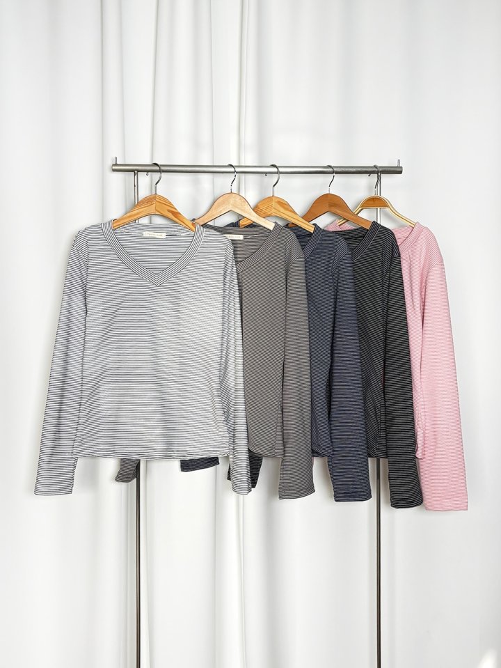 Pastel Deer - Korean Women Fashion - #pursuepretty - Fleece V Neck Striped Long Sleeve Tee - 2