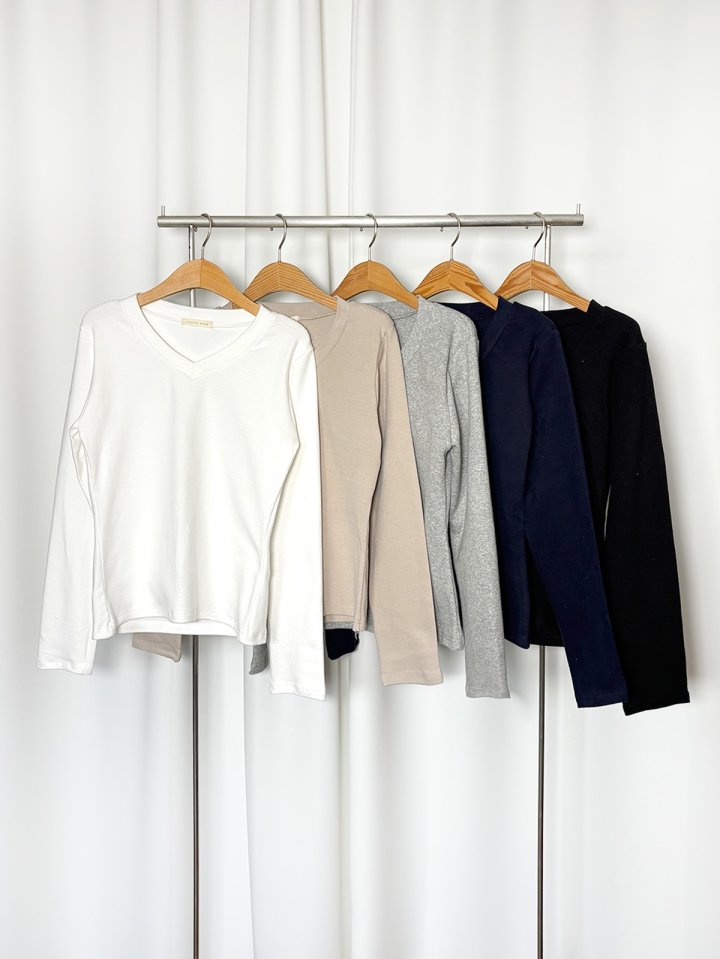 Pastel Deer - Korean Women Fashion - #thatsdarling - Fleece V Neck Slim Long Sleeve Tee - 2