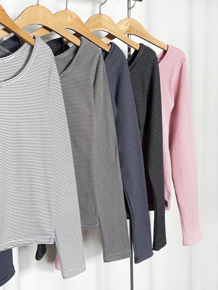 Pastel Deer - Korean Women Fashion - #womensfashion - Fleece Warm Stripe Long Sleeve Tee - 3