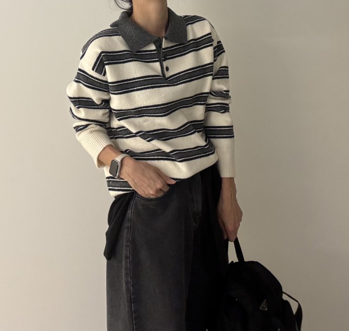 Ripple - Korean Women Fashion - #momslook - Mix Stripe Collar Knit - 10