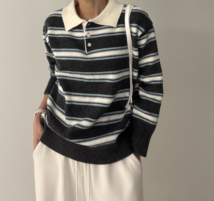 Ripple - Korean Women Fashion - #momslook - Mix Stripe Collar Knit - 2