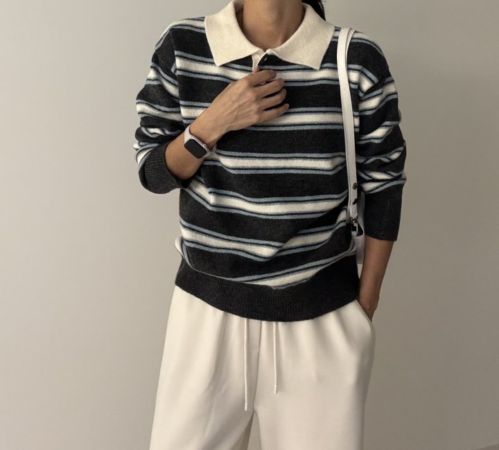 Ripple - Korean Women Fashion - #womensfashion - Mix Stripe Collar Knit - 4