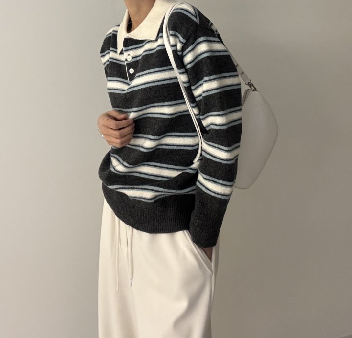 Ripple - Korean Women Fashion - #momslook - Mix Stripe Collar Knit - 6