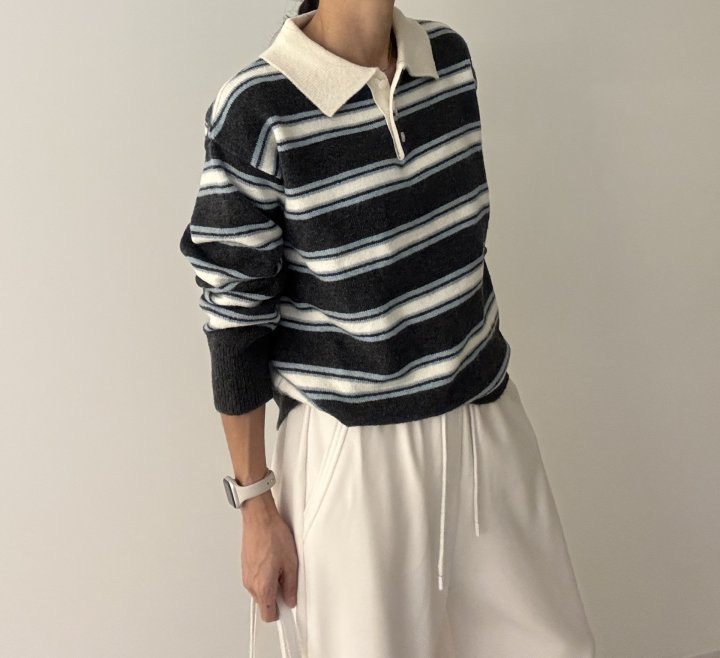 Ripple - Korean Women Fashion - #momslook - Mix Stripe Collar Knit - 8