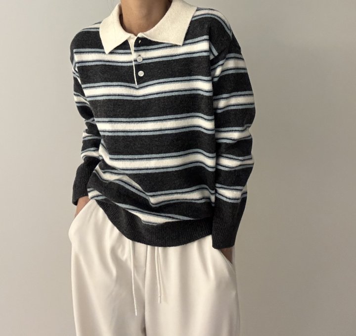 Ripple - Korean Women Fashion - #momslook - Mix Stripe Collar Knit - 9