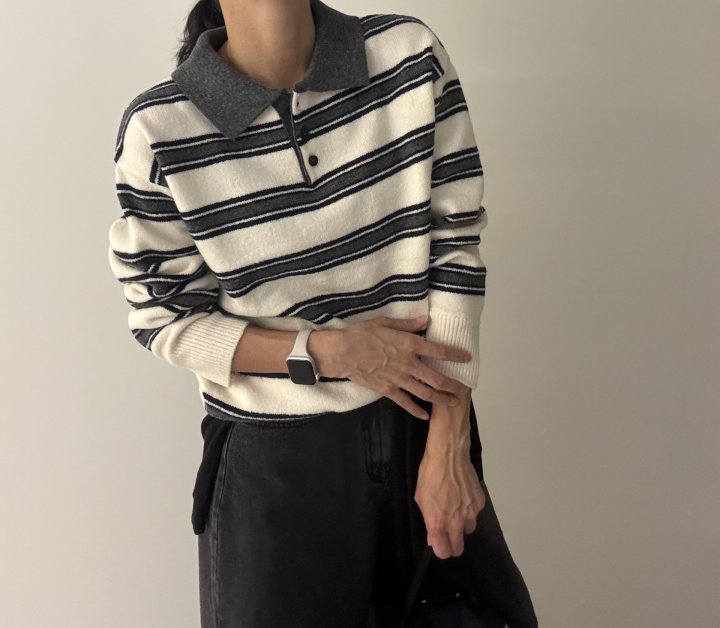 Ripple - Korean Women Fashion - #vintageinspired - Mix Stripe Collar Knit - 12