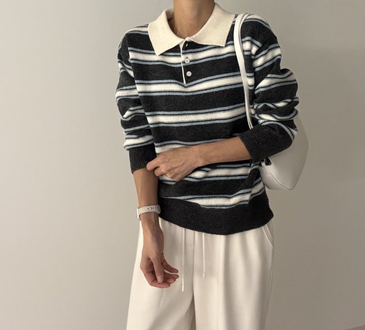 Ripple - Korean Women Fashion - #womensfashion - Mix Stripe Collar Knit