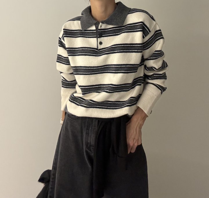 Ripple - Korean Women Fashion - #womensfashion - Mix Stripe Collar Knit - 11