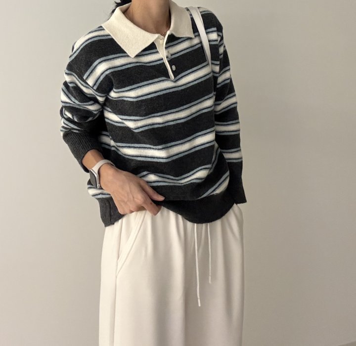 Ripple - Korean Women Fashion - #womensfashion - Mix Stripe Collar Knit - 3