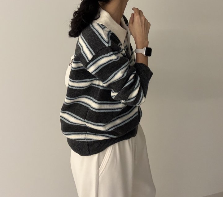 Ripple - Korean Women Fashion - #womensfashion - Mix Stripe Collar Knit - 5