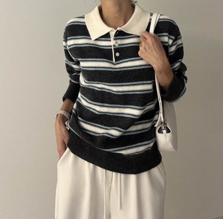 Ripple - Korean Women Fashion - #womensfashion - Mix Stripe Collar Knit - 7