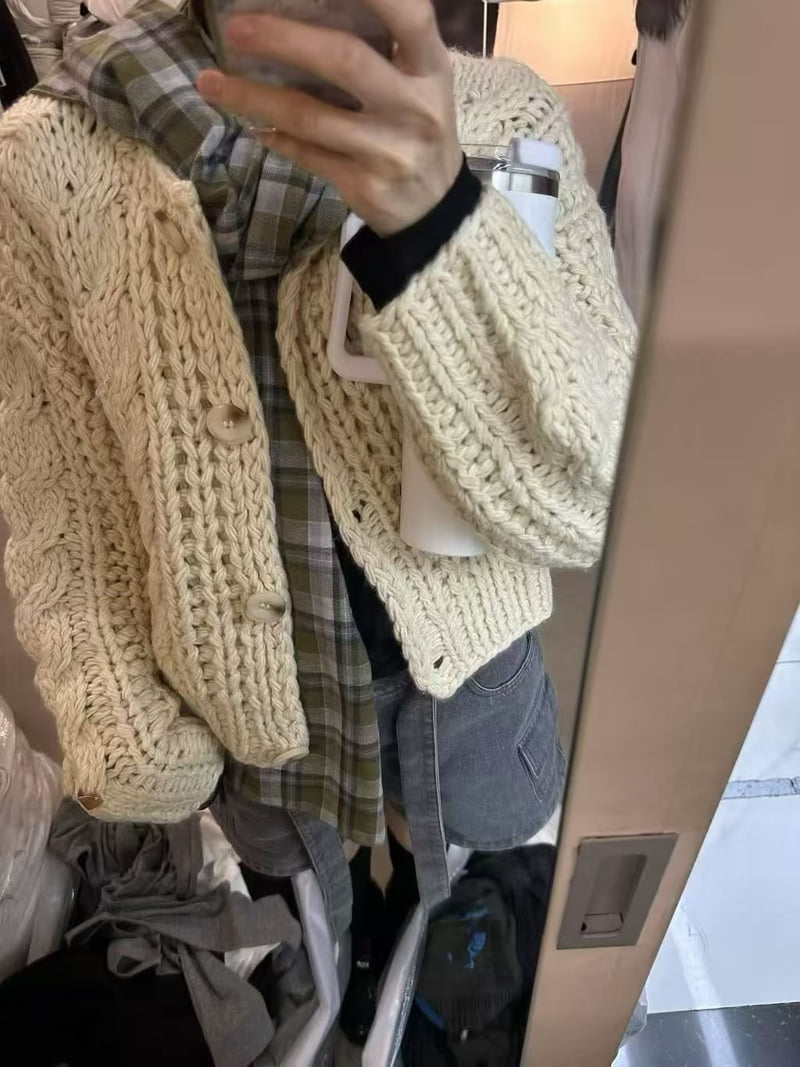 There By - Korean Women Fashion - #romanticstyle - Cream Hand-Knit Cardigan