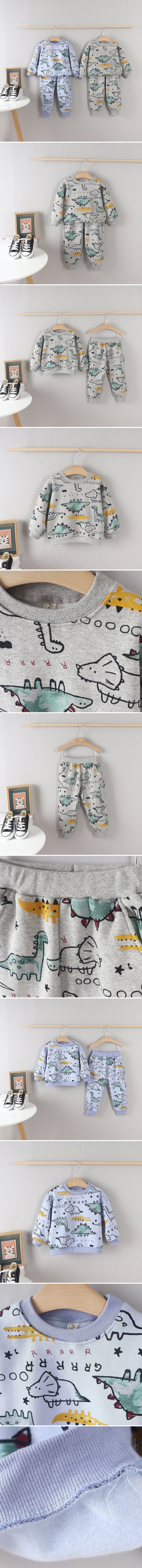 Tony - Korean Children Fashion - #designkidswear - Dino Print Top Bottom Set