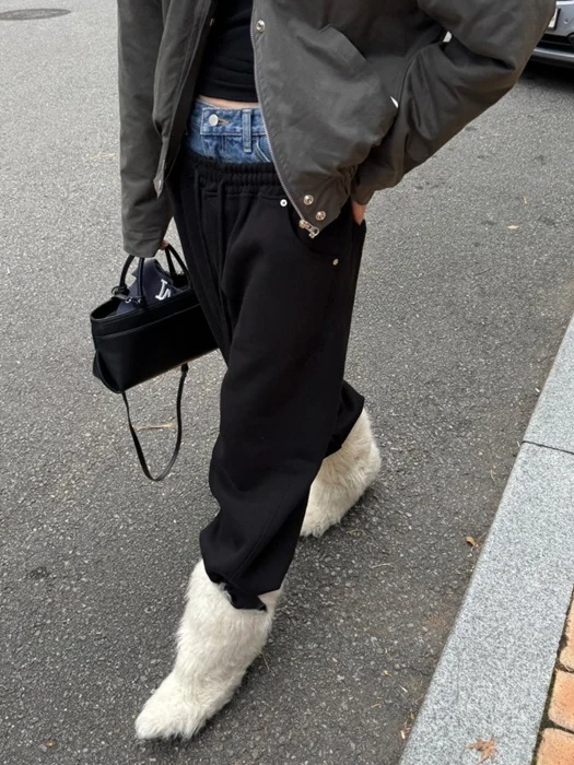 Denim Waist Layered Sweat Pants Denim Waist Layered Sweat Pants