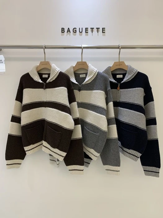 Jacquard Stripe Knit Zip-Up