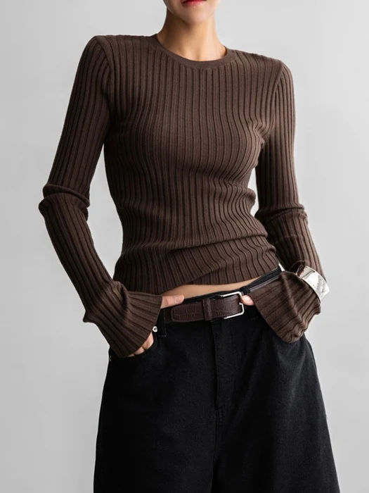 Long Sleeve Ribbed Round Neck Knit Top Long Sleeve Ribbed Round Neck Knit Top