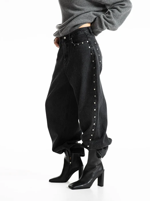 Stud-Point Washed Black Wide Denim Pants Stud-Point Washed Black Wide Denim Pants