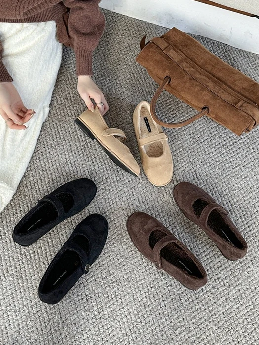 Sheer Round Panel Suede Fleece Mary Jane Flats