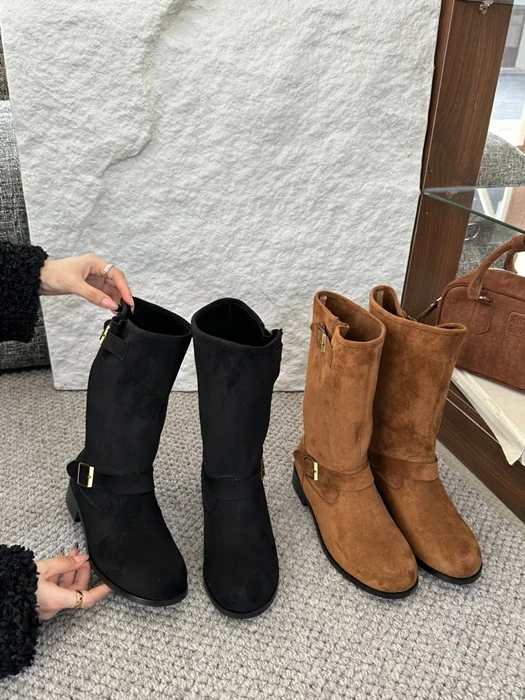 Fleece Round Simple Buckle Suede Shirred Mid Boots