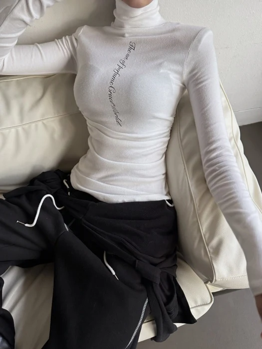 Lettering Shirred Turtleneck Tee