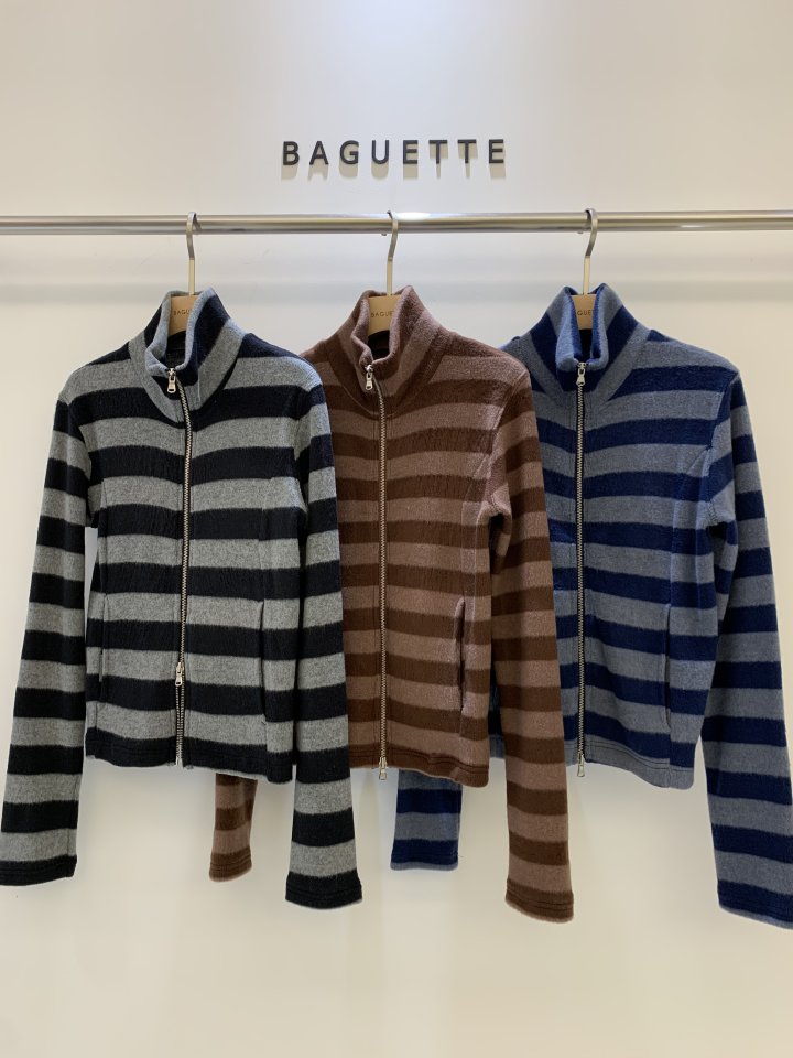 Baguette - Korean Women Fashion - #momslook - Crown Brushed Stripe Zip-Up