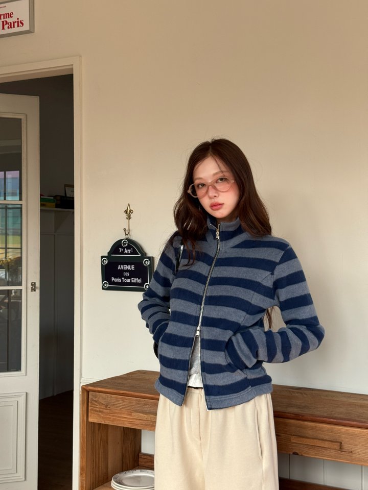 Baguette - Korean Women Fashion - #momslook - Crown Brushed Stripe Zip-Up - 3