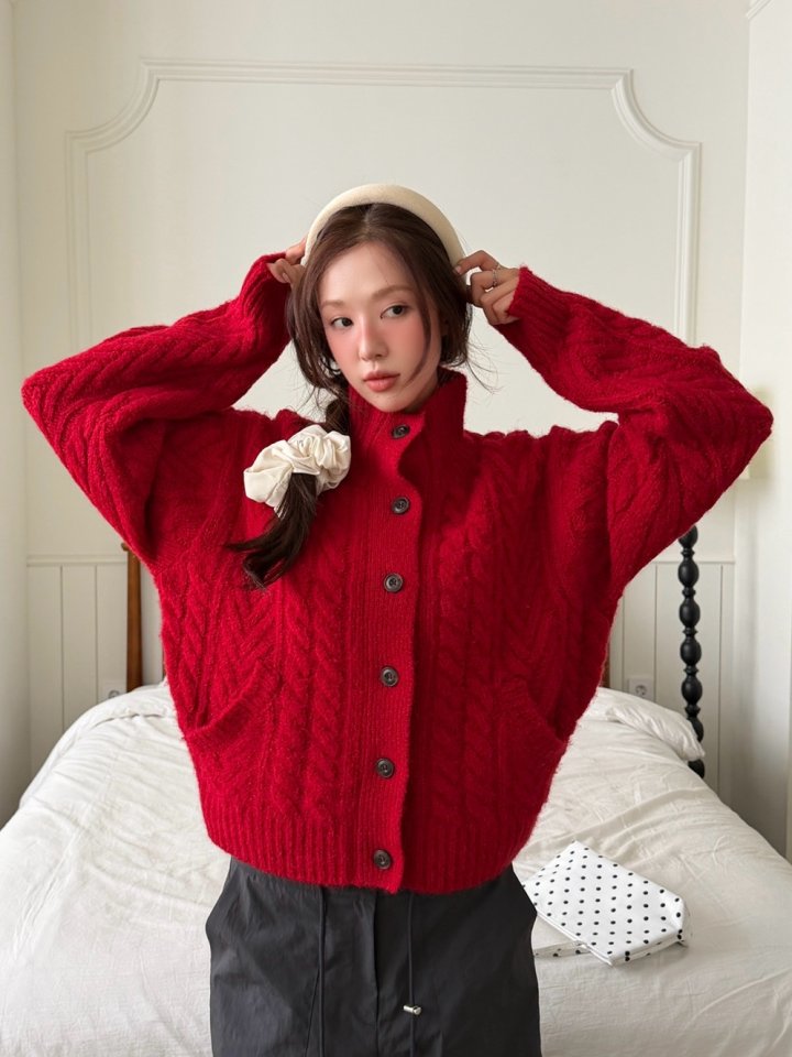 Baguette - Korean Women Fashion - #womensfashion - High Neck Cable Cardigan - 4