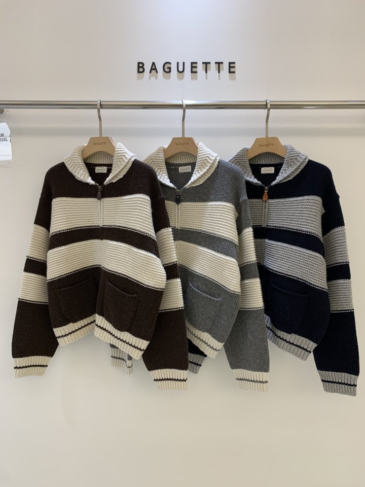Baguette - Korean Women Fashion - #momslook - Jacquard Stripe Knit Zip-Up