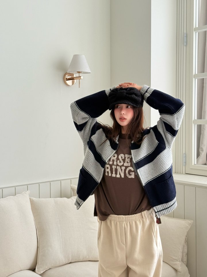 Baguette - Korean Women Fashion - #momslook - Jacquard Stripe Knit Zip-Up - 11