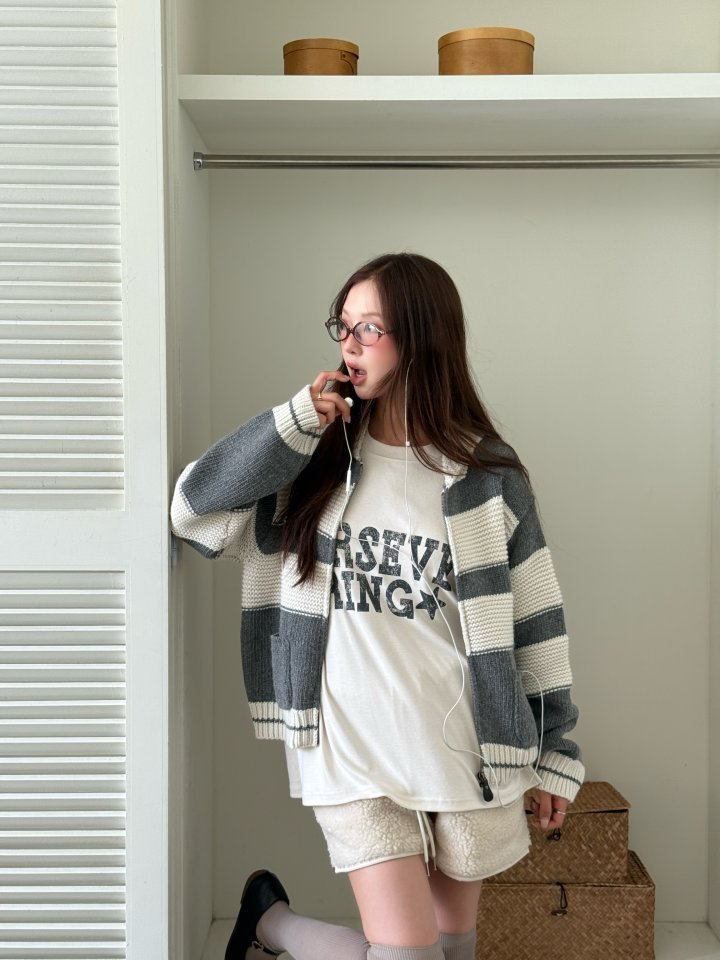 Baguette - Korean Women Fashion - #romanticstyle - Jacquard Stripe Knit Zip-Up - 7